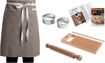 Marcato Made in Italy GNOCCHI LIKE A PRO 7-piece Kit. Includes Gnocchi board, Garganelli accessory, 2 pastry rings, Rolling Pin, Short Apron, and Cookbook