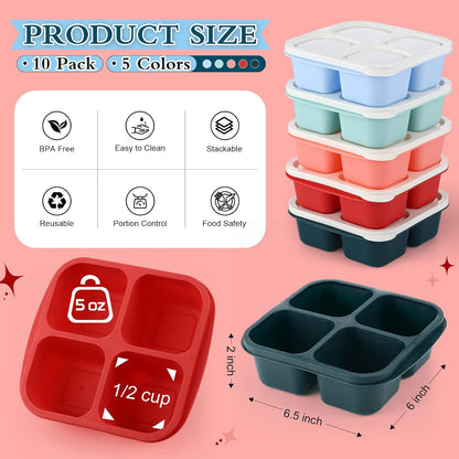 Honeydak 10 Pack Bento Snack Containers 4 Compartment Snack Boxes Reusable Containers with Lids Divided Meal Prep Lunch Food Storage Box for School Work Travel
