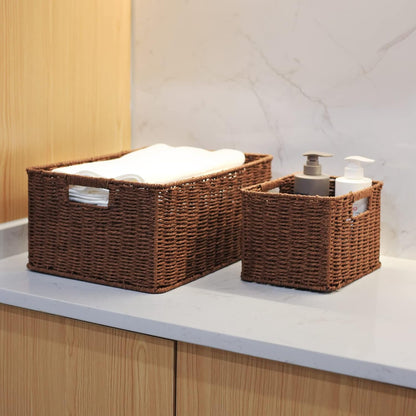 HOONEX Water Hyacinth Storage Baskets, Wicker Baskets for Storage, Hand Woven Baskets with Carry Handles, Set of 2, Natural