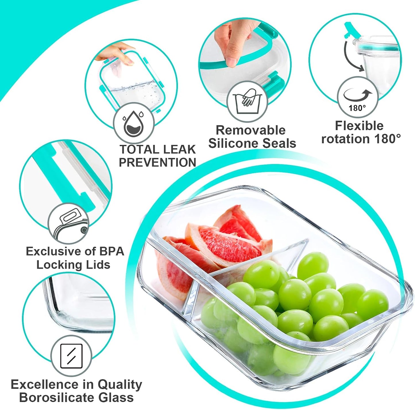 VERONES 5 Pack Glass Meal Prep Containers 2 Compartment Set, 36OZ Airtight Lunch Containers, Glass Food Storage Containers with Lids, for Microwave, Oven, Freezer & Dishwasher Friendly,White