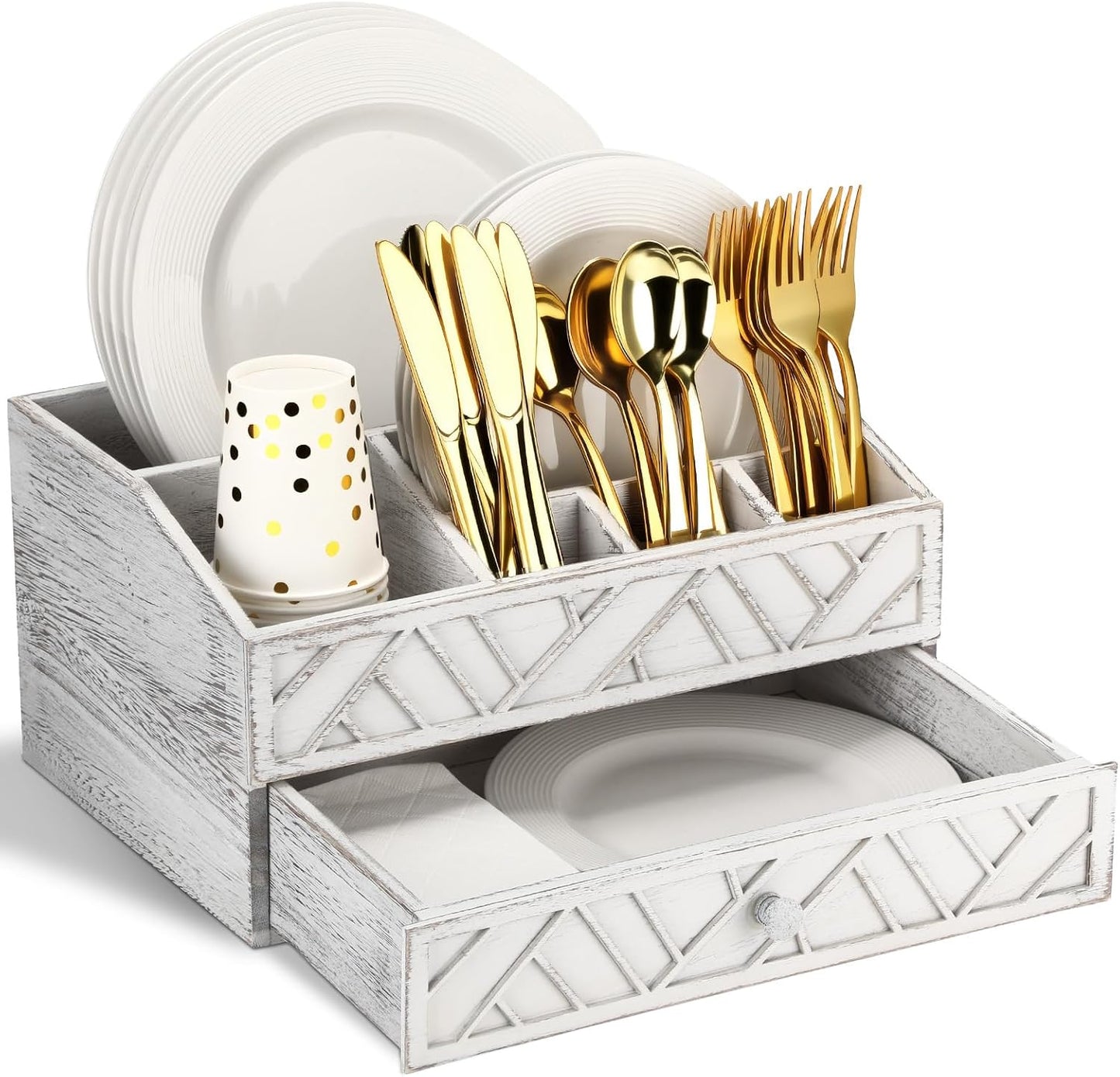 Marsui Paper Plate Dispenser, Wood Rustic Paper Plate Holder for Countertop with Drawer Silverware Utensil Caddy, Cutlery Flatware Organizer for Spoon Fork Napkins Kitchen Parties(Black)
