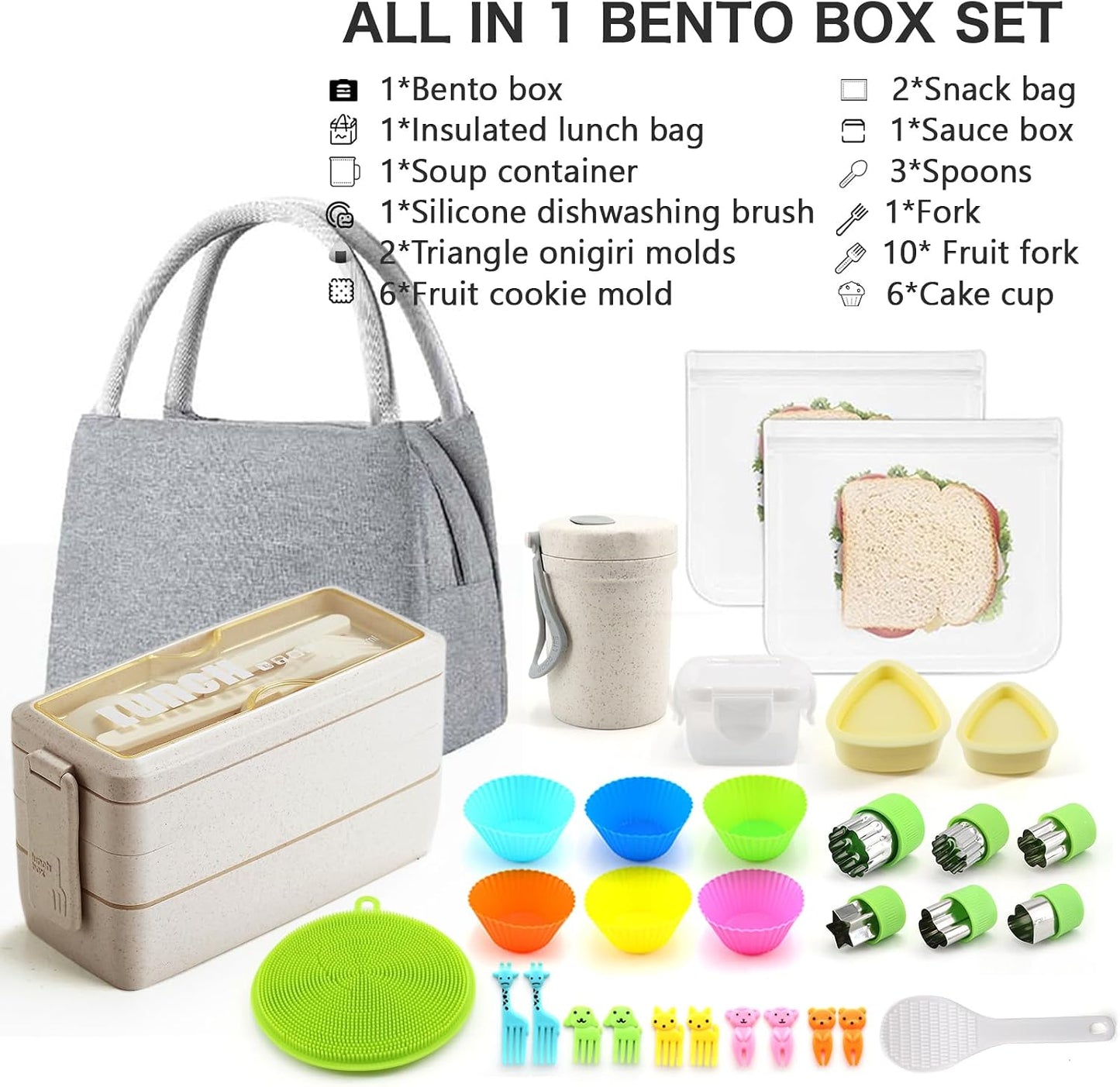 Bento Box Japanese Lunch Box Kit Leakproof Bento Lunch Box for Kids Adults Wheat Straw 3 Layer Stackable Lunch Containers with Compartment Eco-Friendly Meal Prep Containers (Beige)