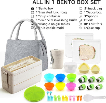 Bento Box Japanese Lunch Box Kit Leakproof Bento Lunch Box for Kids Adults Wheat Straw 3 Layer Stackable Lunch Containers with Compartment Eco-Friendly Meal Prep Containers (Beige)