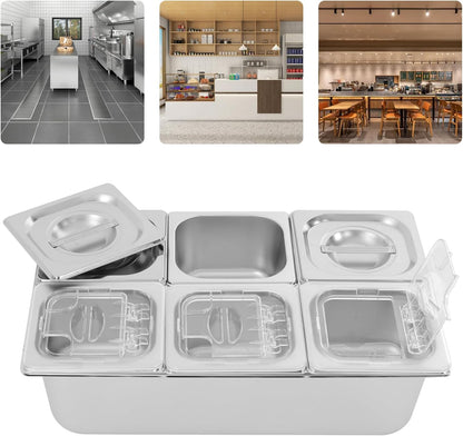 3/4/6 Compartment Stainless Steel Fruit Serving Set with Removable Acrylic Lids, Drainage Mats - Commercial Food Storage Containers for Buffet, Restaurant (3-Pan)