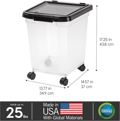 IRIS USA Airtight Dog Food Storage Container, WeatherPro, Up to 25 lbs, Removable Wheels, for Dog Cat Bird and Other Pet Food Storage Bin, Keep Fresh, Translucent Body, Made in USA, Clear/Black