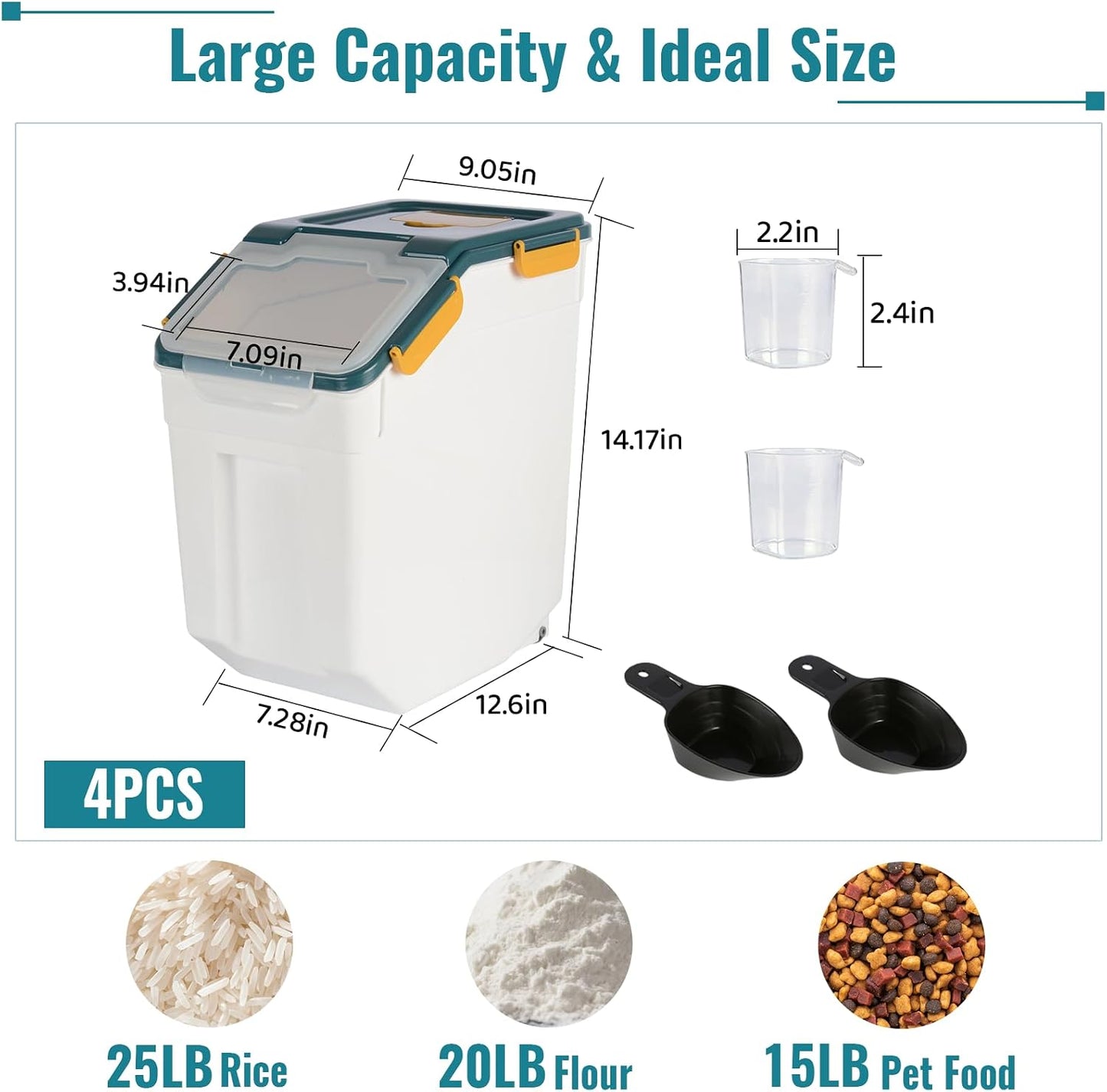 4 Pack Rice Container 25 lbs Large Bulk Flour Sugar Storage Holdhouse Plastic Grain Cereal Dry Goods Bin with Spoon and Measuring Cup for Kitchen Pantry Organization - Green
