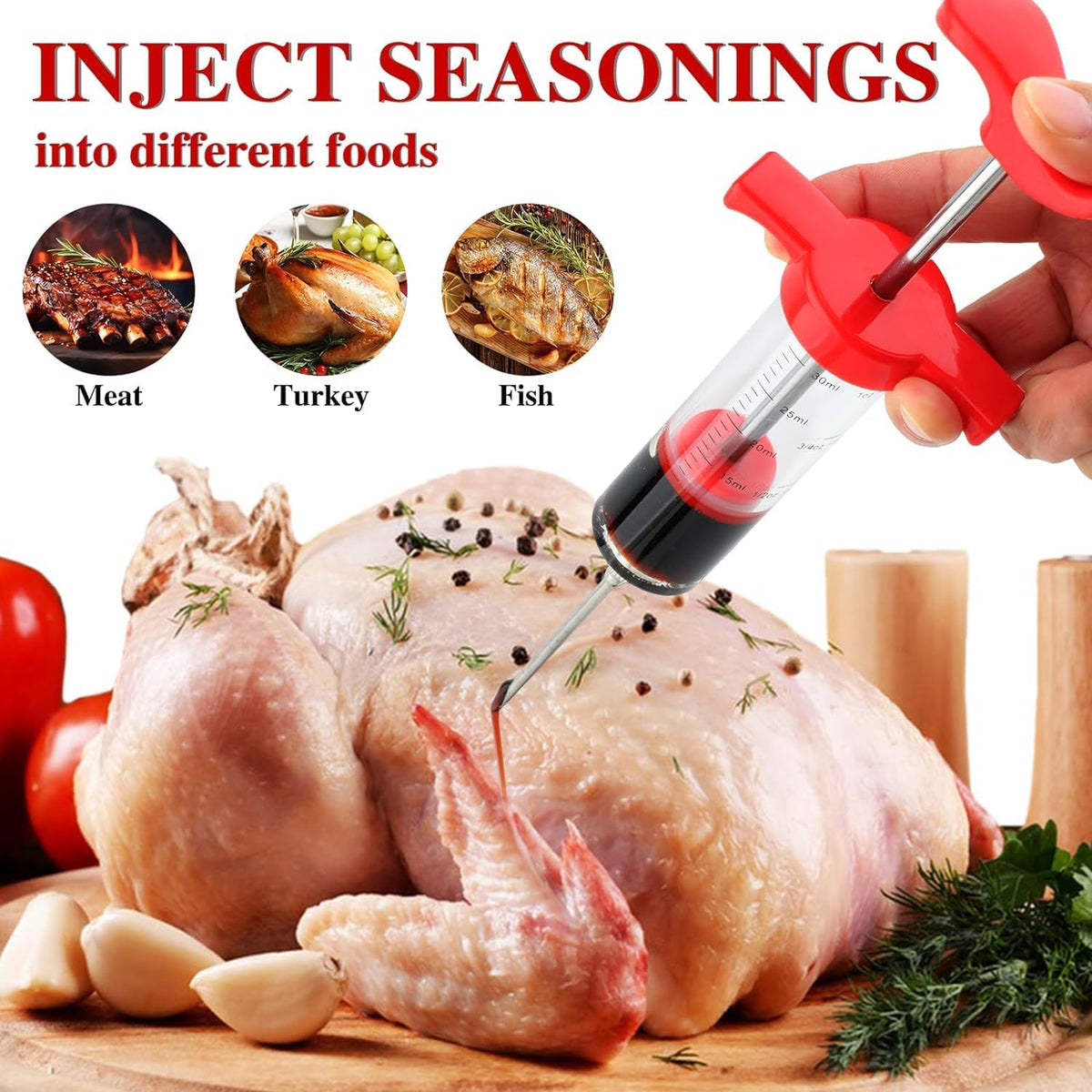 Meat Injector Syringe, 1-oz Plastic Marinade Turkey Injector Kit