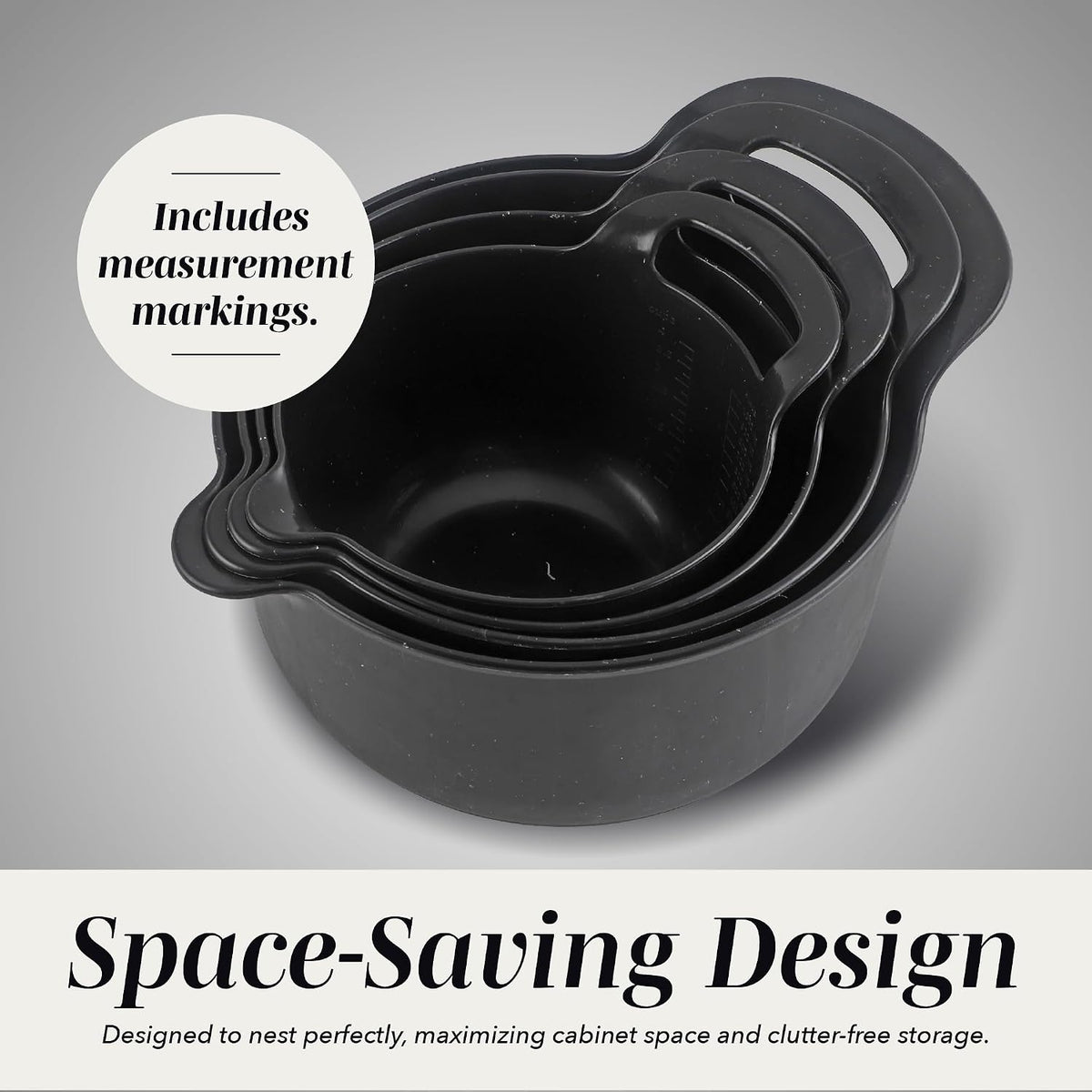 COOK WITH COLOR Nesting Plastic Mixing Bowl Set with Pour Spouts and Handles, Gray, Non-Slip