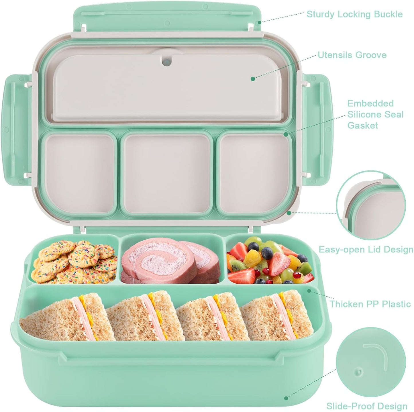 Bento Box Adult Lunch Box, Lunch Containers for Kids Girls Boys with 4 Compartments, Lunchable Food Container with Utensils, Sauce Jar, Muffin Liners, 40 Oz/5 Cup, Microwave Safe, Lavender