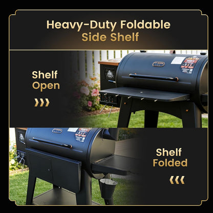 QuliMetal Folding Front Shelf for Traeger Pro 34, Texas Elite 34, Century 885 and Eastwood 34, 37" x 12" Heavy-Duty Grill Prep Table with Cutting Board, Stainless Steel Basin, Lid and 5 Hooks