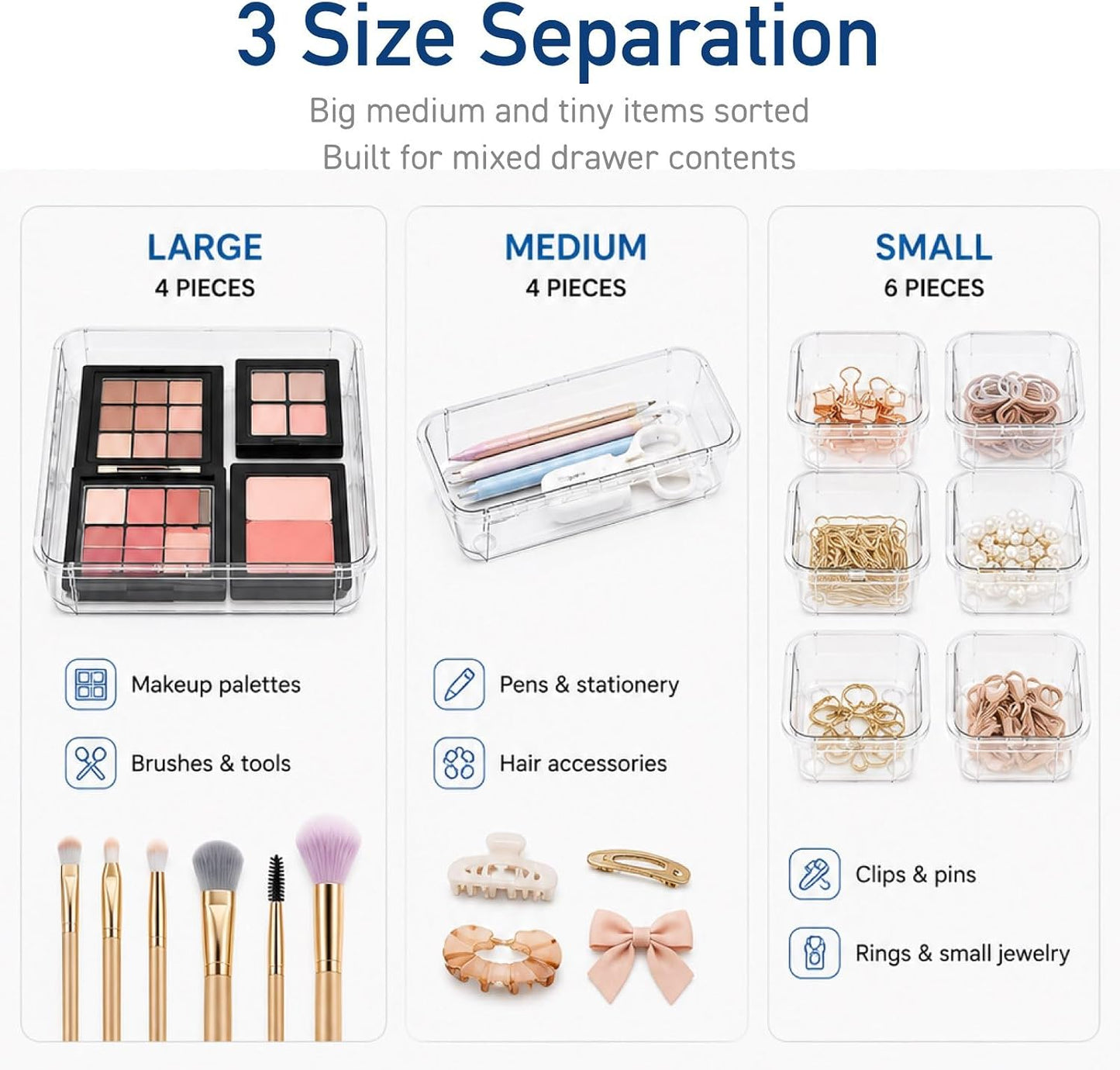15-Piece Expandable Drawer Organizer Set, Clear 2-Size Bins | 15-piece set, clear expandable bins, 2 sizes, for makeup, vanity, desk and kitchen drawers