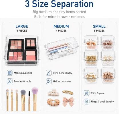 15-Piece Expandable Drawer Organizer Set, Clear 2-Size Bins | 15-piece set, clear expandable bins, 2 sizes, for makeup, vanity, desk and kitchen drawers
