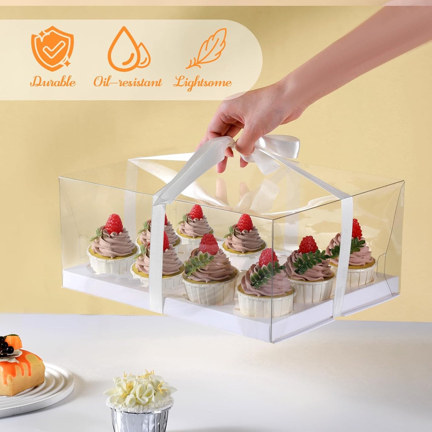 JCD 4 Pack Clear Cupcake Boxes, Plastic Cupcake Containers with Gift Ribbon, 5.5inches height Holder 6 Count Cup Cake Boxes for Parties, Baking, Wedding, Transport (6count/4pcs)