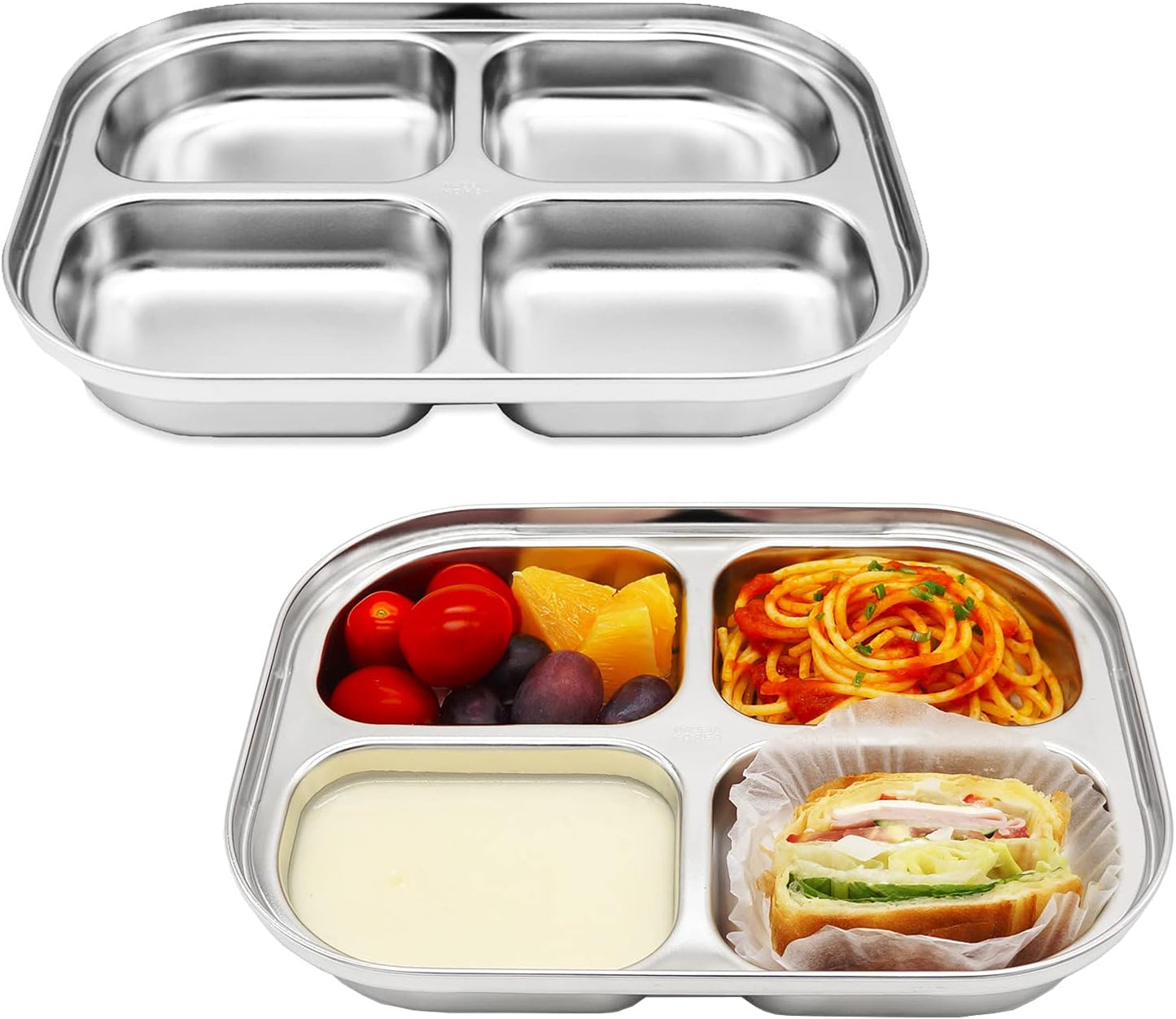 Korean Stainless Steel Divided Plates for Adults, Teens, Premium 304, Electro-Polished, No Black Residue, BPA-Free, Large 5-Compartment Food Tray, Diet Portion Control, Camping, Set of 2
