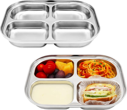 Korean Stainless Steel Divided Plates for Adults, Teens, Premium 304, Electro-Polished, No Black Residue, BPA-Free, Large 5-Compartment Food Tray, Diet Portion Control, Camping, Set of 2