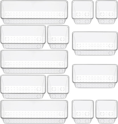 12 Pack Clear Drawer Organizer Set, 3 Sizes Bathroom Vanity Organizer Trays | Vanity and Makeup Organizer | Bathroom Organizer Trays | Storage Bins For Makeup | Cosmetics | Jewelry | Gadgets