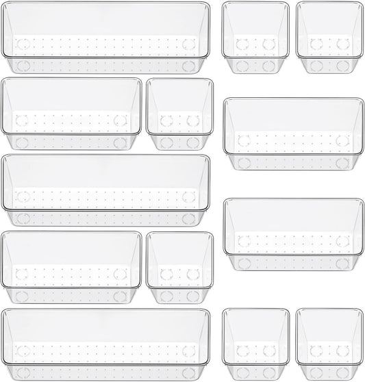 12 Pack Clear Drawer Organizer Set, 3 Sizes Bathroom Vanity Organizer Trays | Vanity and Makeup Organizer | Bathroom Organizer Trays | Storage Bins For Makeup | Cosmetics | Jewelry | Gadgets