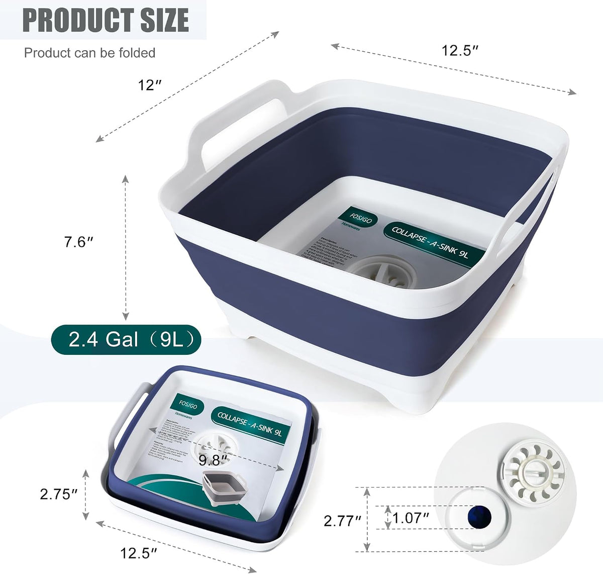 FOSJGO Collapsible Dish Basin with Drain Plug, Foldable Sink, 2.4 Gal (9L)