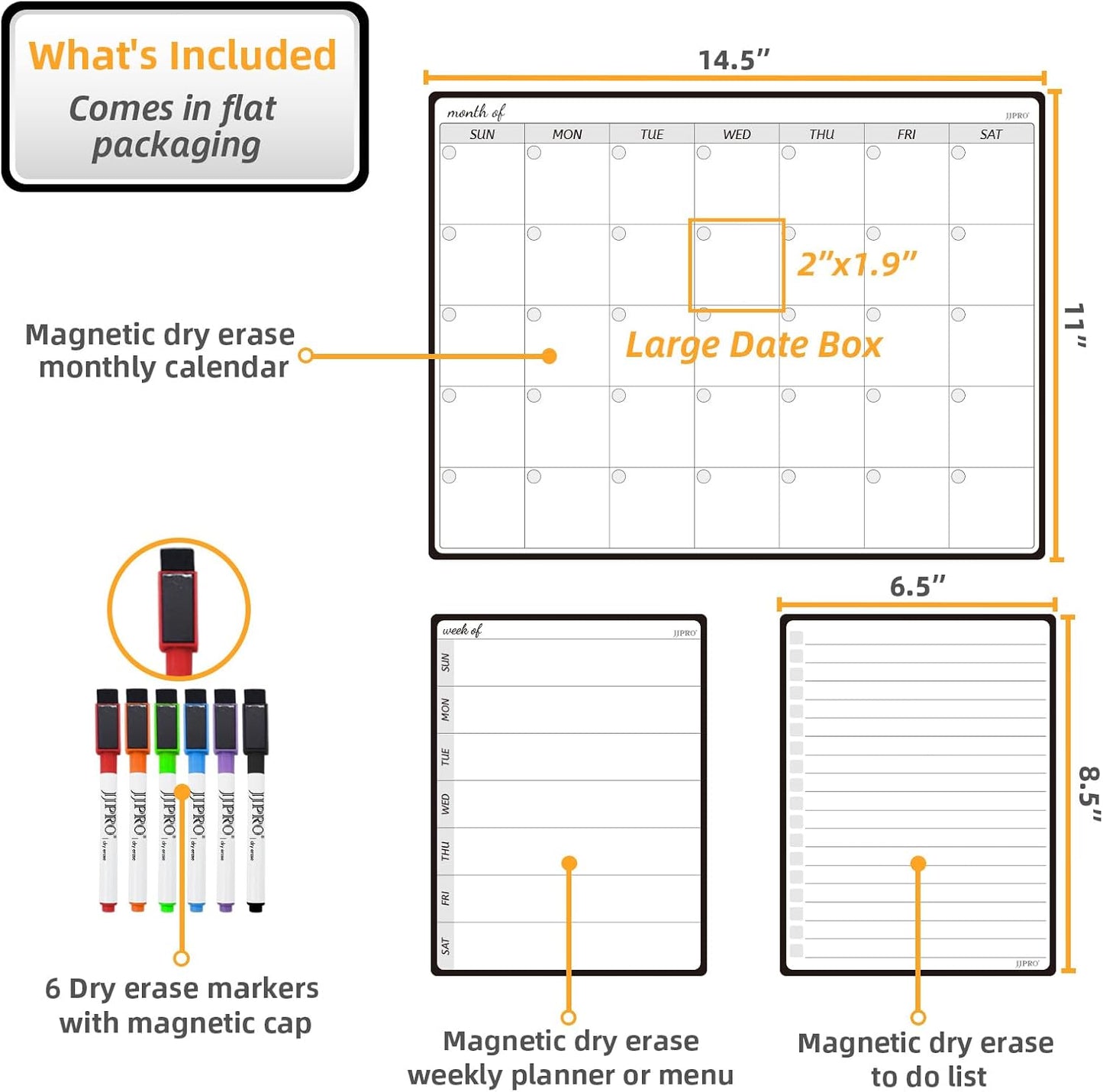 JJPRO Magnetic Monthly Calendar Whiteboard Set for Refrigerator-Monthly Planning Board, Weekly Menu Planner and to Do List for Fridge with 6 Markers-14.5" x11
