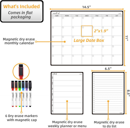 JJPRO Magnetic Monthly Calendar Whiteboard Set for Refrigerator-Monthly Planning Board, Weekly Menu Planner and to Do List for Fridge with 6 Markers-14.5" x11