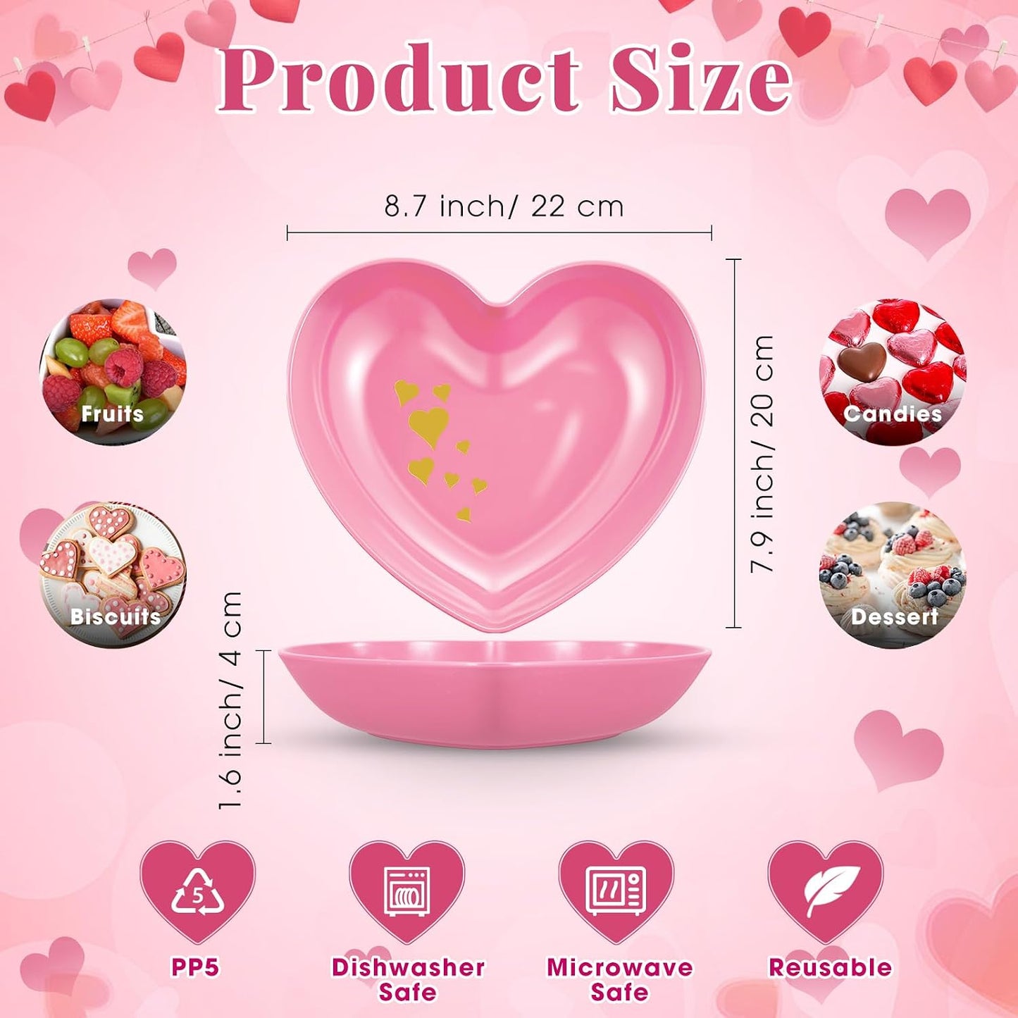 Reallnaive 6 Pcs 8.7 Inch Valentines Day Heart Shaped Plates Dessert Bowls Appetizer Plates Salad Bowls for Gift Valentine's Day Anniversary Party Supplies