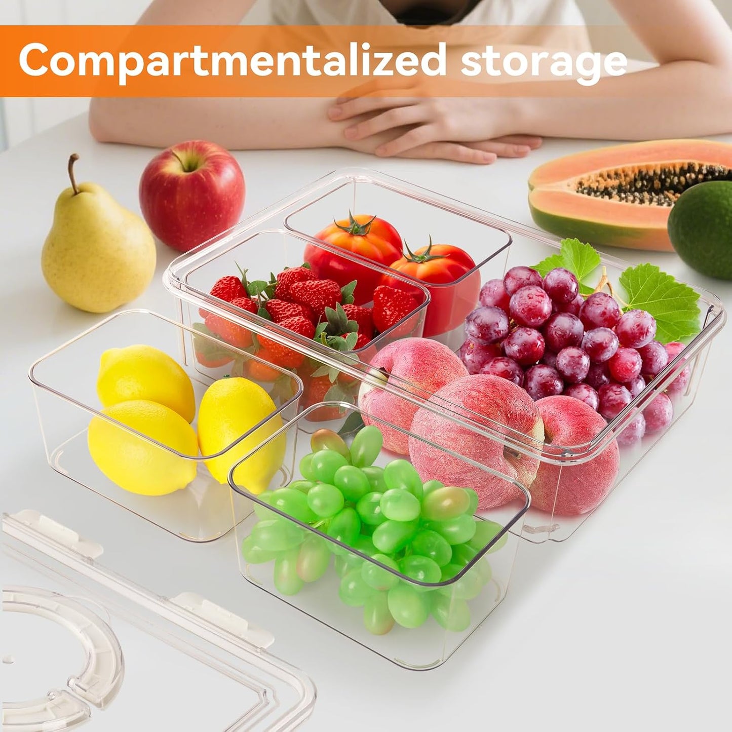Divided Serving Tray with Lid & Handle, 4 Compartment Removable Snack Box, Kitchen Organizers and Storage, Snackle Box Container, BPA-Free Fruit Storage Container for Berry, Snack, Candy, Nuts…