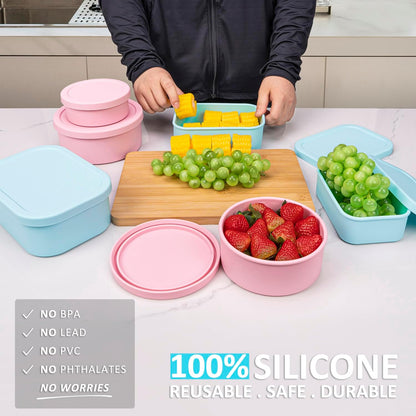 100% Silicone Food Storage Containers with Lids, 8 Pack, 10oz to 51oz, Reusable Leakproof Nesting & Stackable Silicone Bento Lunch Box, Microwave Freezer Dishwasher Oven Safe, BPA Free, Slate Green
