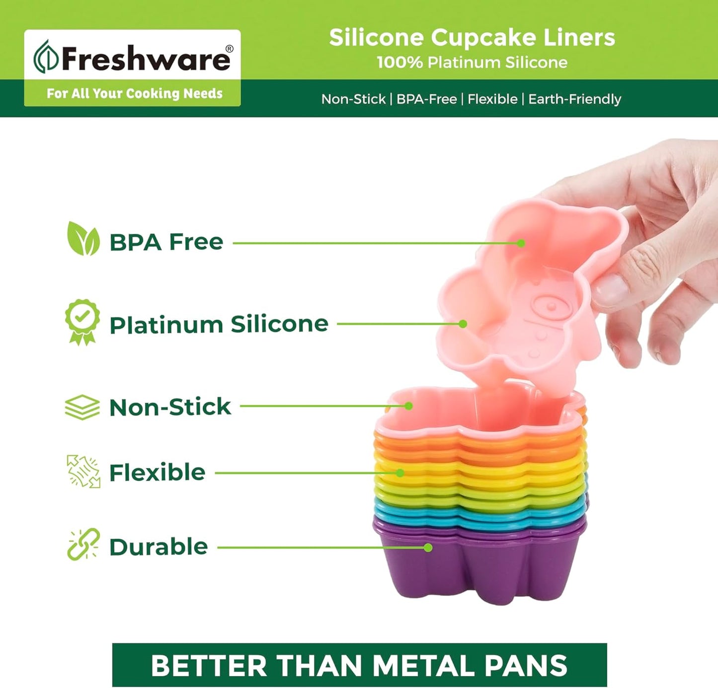 Freshware Cupcake Liners, Pack of 12 Silicone Muffin Cups, 3 Inch Baking Cups, Reusable & Non-stick Cupcake Liners for Party Halloween Christmas, Flower