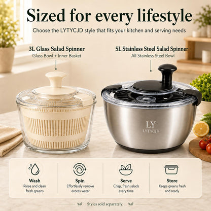 Large Salad Spinner 5.3 Qt with Stainless Steel Basket & Storage Lid, Black