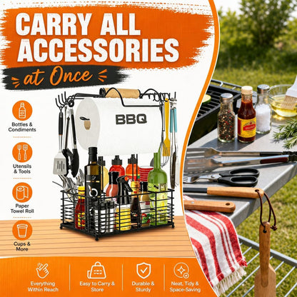 Grill Caddy, BBQ Caddy for Outdoor Grill, Upgraded Camping Accessories with Windproof Paper Towel Holder, Camping Essentials, Outdoor Kitchen BBQ Grill Accessories for Camper, Grilling Gifts for Men