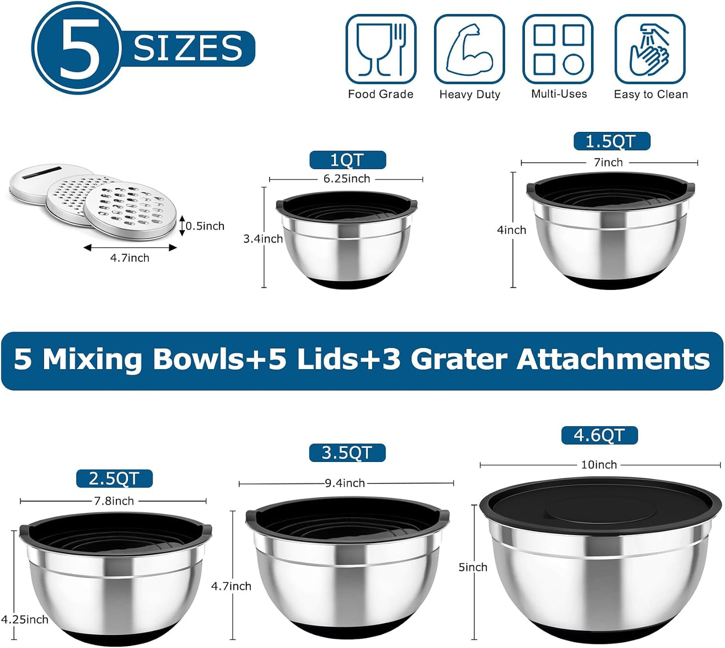 TeamFar Mixing Bowls, 5PCS Stainless Steel Nesting Salad Bowl with Lid & 3 Grater Attachments, for Prepping/Serving/Storing Food, Nontoxic, Airtight Lid & Non-slip Bottom - 4.6/3.5/2.5/1.5/1 QT