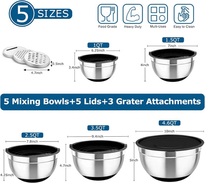 TeamFar Mixing Bowls, 5PCS Stainless Steel Nesting Salad Bowl with Lid & 3 Grater Attachments, for Prepping/Serving/Storing Food, Nontoxic, Airtight Lid & Non-slip Bottom - 4.6/3.5/2.5/1.5/1 QT