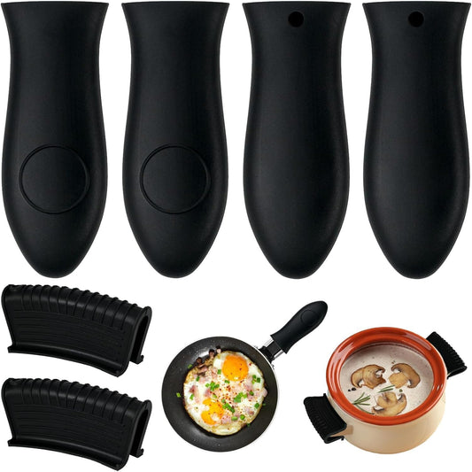 6 Pcs Silicone Pot Holders Set Cast Iron Handle Cover Heat Resistant Pot Handle Covers Potholder Non Slip Reusable Pan Sleeve for Frying Pan Kitchen Supplies (Black)