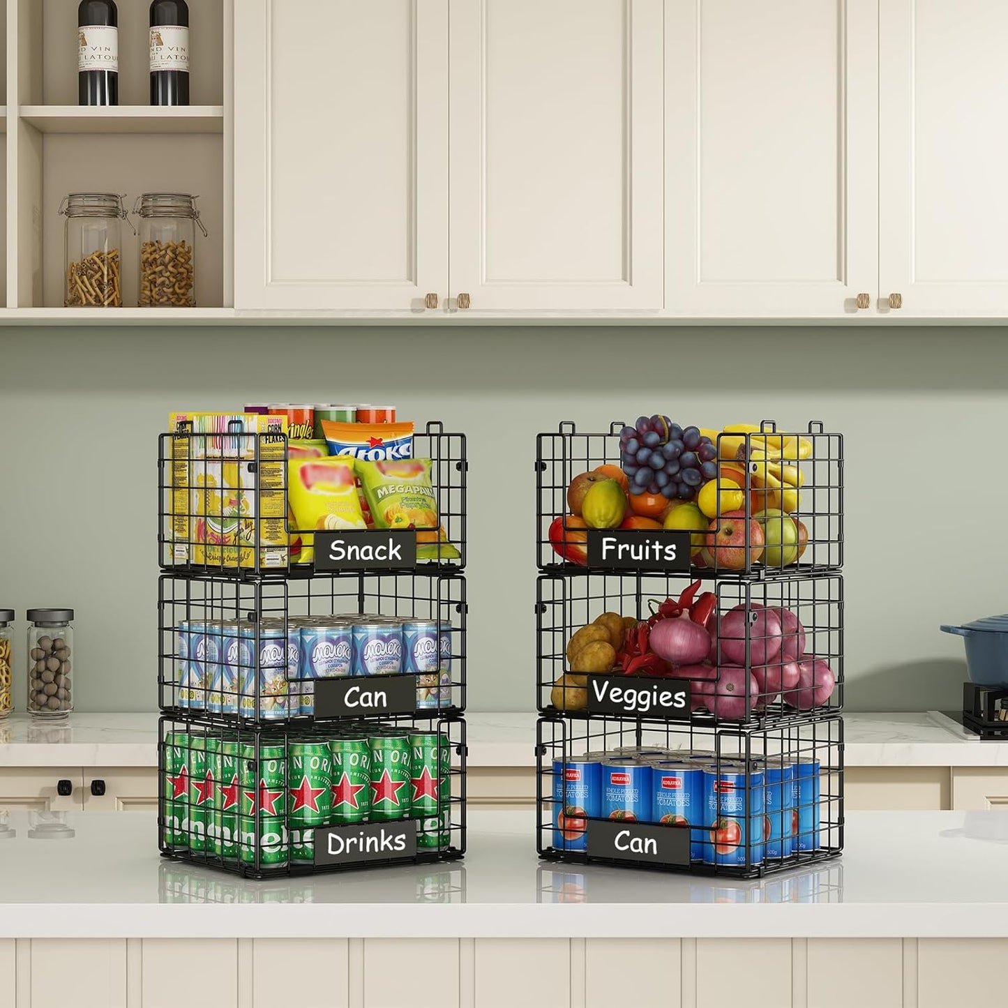 JKsmart 3 Pack XXL Stackable Wire Baskets with Handles for Pantry Storage and Organization, Fruit and Vegetable Basket with Name Plates, Metal Storage Bins for Snack Can Fruit Veggies, XXL
