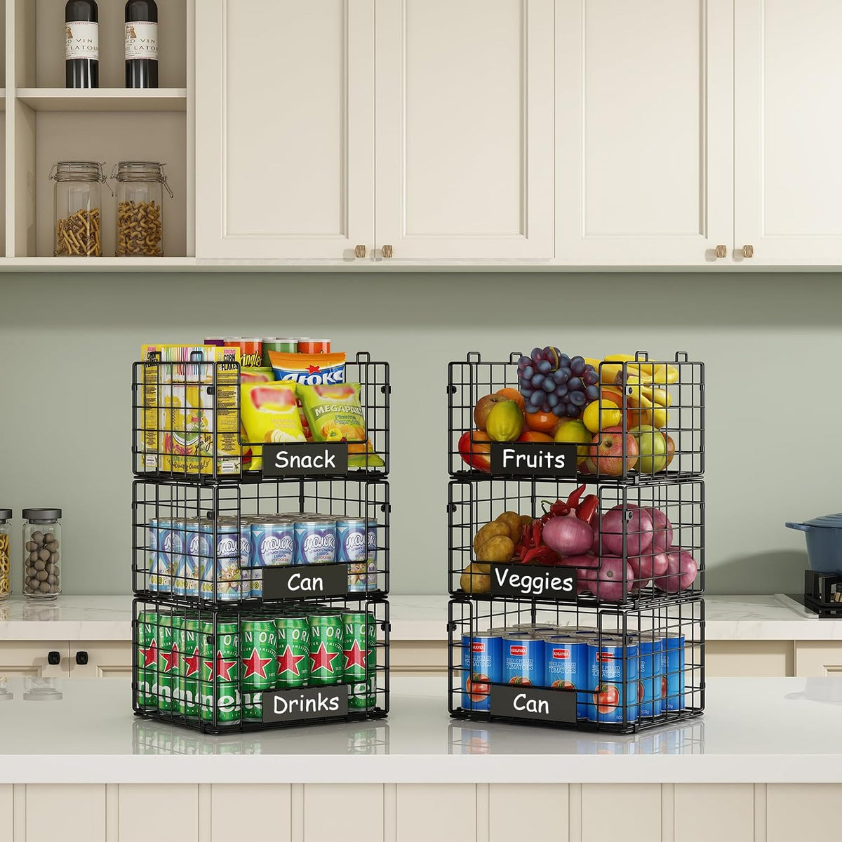 JKsmart 3 Pack XXL Stackable Wire Baskets with Handles for Pantry Storage and Organization, Fruit and Vegetable Basket with Name Plates, Metal Storage Bins for Snack Can Fruit Veggies, XXL