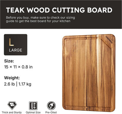 3 Pack Teak Wood Cutting Board Set with Holder Non Slip Over Sink Wooden Chopping Board for Fresh Meat Vegetable Thick Haus Perfect for Charcuterie Juice Groove Kitchen Accessories - FSC Certified