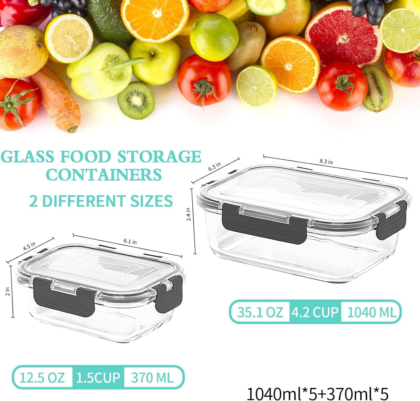 Skroam 5-Packs 36OZ Glass Food Storage Containers with Lids Airtight, Glass Meal Prep Container for Lunch, Pantry Organizers and Storage, Glass Lunch Boxes for Freezer to Oven Safe, Leak Proof
