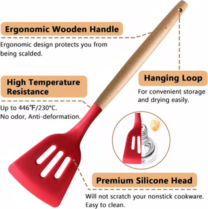 Kitchen Cooking Utensils Set, 6Pcs Silicone Kitchen Utensils Set Spatula Spoon Soup Ladle Turner, Heat Resistant Wooden Handle Silicone Cooking Gadgets for Nonstick Cookware & Baking BPA FREE