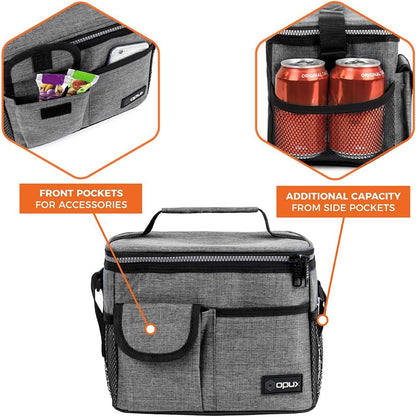 opux Insulated Lunch Bag for Men Women, Leakproof Black Lunch Box for Work, Portable Soft Lunch Cooler Bag with Shoulder Strap, Adult Lunchbox Lunch Pail for Kid Boy Girl School, 14 Can/8L