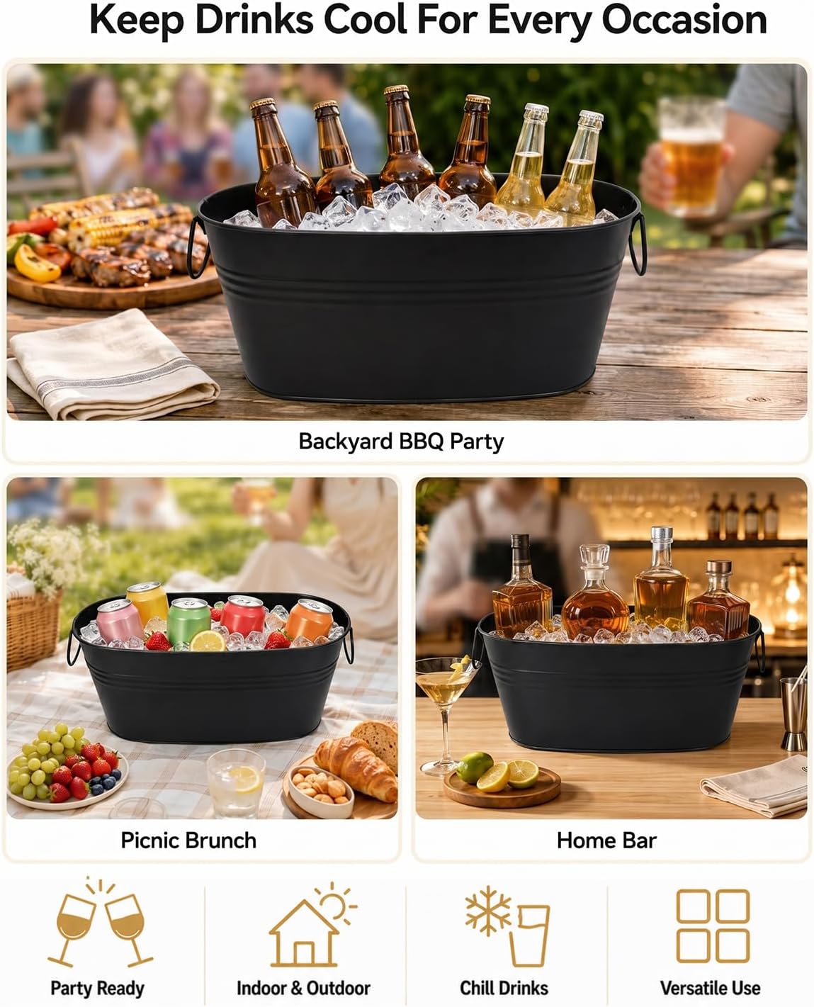 2 Pack 3 Gallon Galvanized Tub Ice Bucket, 15x7x6.5" Metal Drink Buckets for Parties, Leak-Proof Beer Beverage Tubs with Handles for Champagne Wine Mimosa Bar Supplies (White)