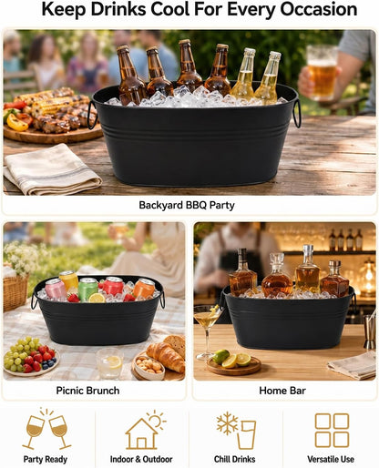 2 Pack 3 Gallon Galvanized Tub Ice Bucket, 15x7x6.5" Metal Drink Buckets for Parties, Leak-Proof Beer Beverage Tubs with Handles for Champagne Wine Mimosa Bar Supplies (White)
