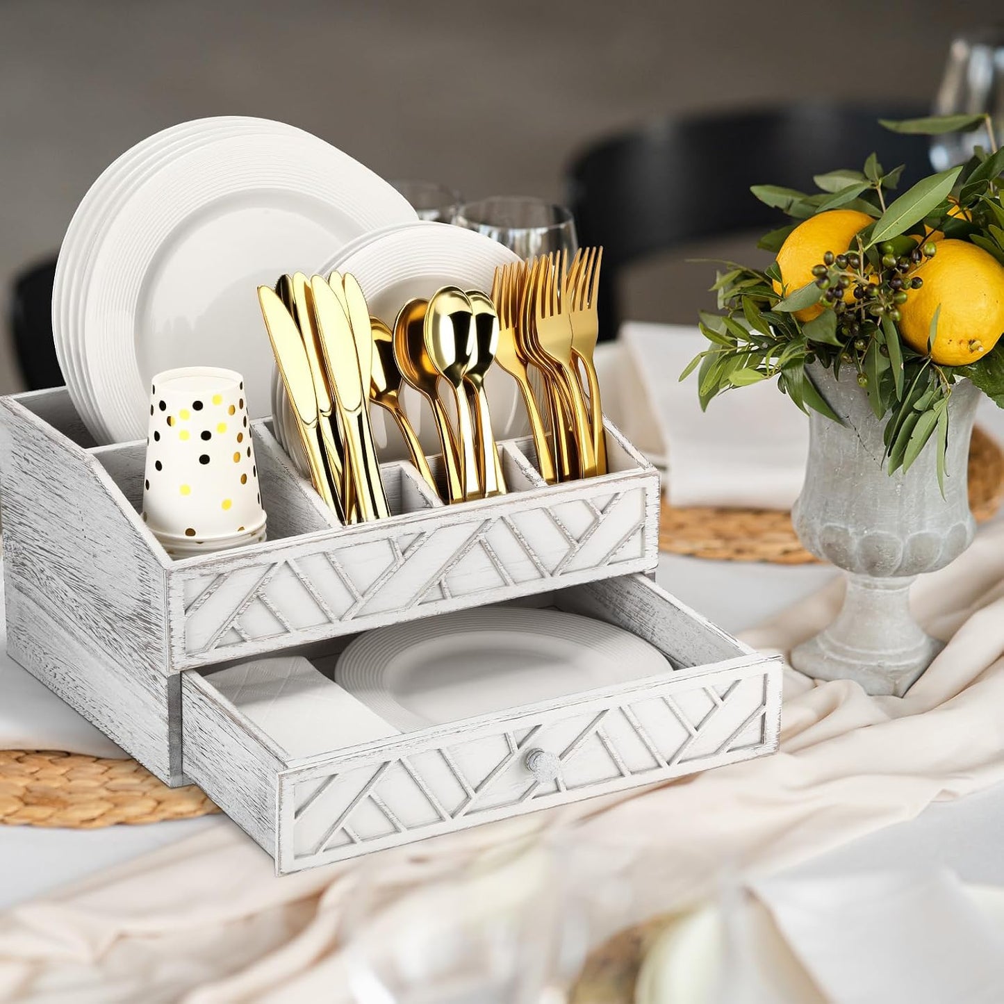 Marsui Paper Plate Dispenser, Wood Rustic Paper Plate Holder for Countertop with Drawer Silverware Utensil Caddy, Cutlery Flatware Organizer for Spoon Fork Napkins Kitchen Parties(Black)