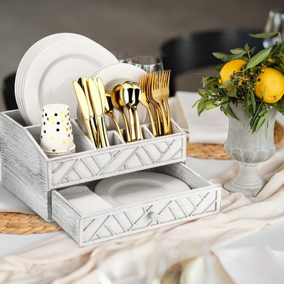 Marsui Paper Plate Dispenser, Wood Rustic Paper Plate Holder for Countertop with Drawer Silverware Utensil Caddy, Cutlery Flatware Organizer for Spoon Fork Napkins Kitchen Parties(Black)