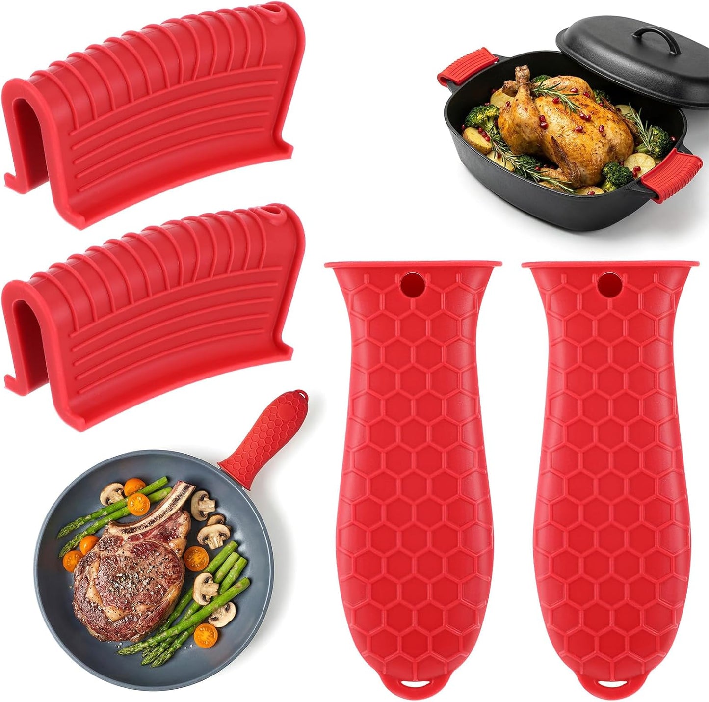 Grevosea 4 Pack Cast Iron Skillet Handle Covers, Pot Handle Holders Heat Resistant Non-Slip Cast Iron Silicone Handle Grip Pan Handle Sleeve for Frying Pans Kitchen Supplies (Red)
