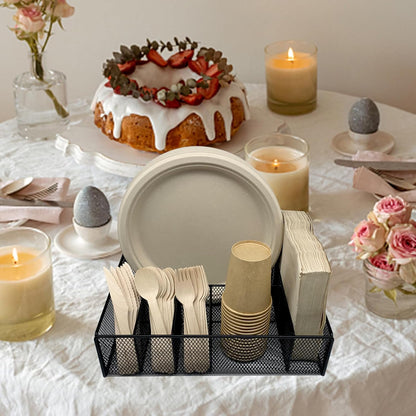 Dysanvica Metal Paper Plate Holder - Utensil Silverware Caddy for Kitchen Counter Cabinet Cutlery Flatware Organizer Storage Dispenser Box for Plastic Spoon Fork Plates Napkins Cup Party Camping White