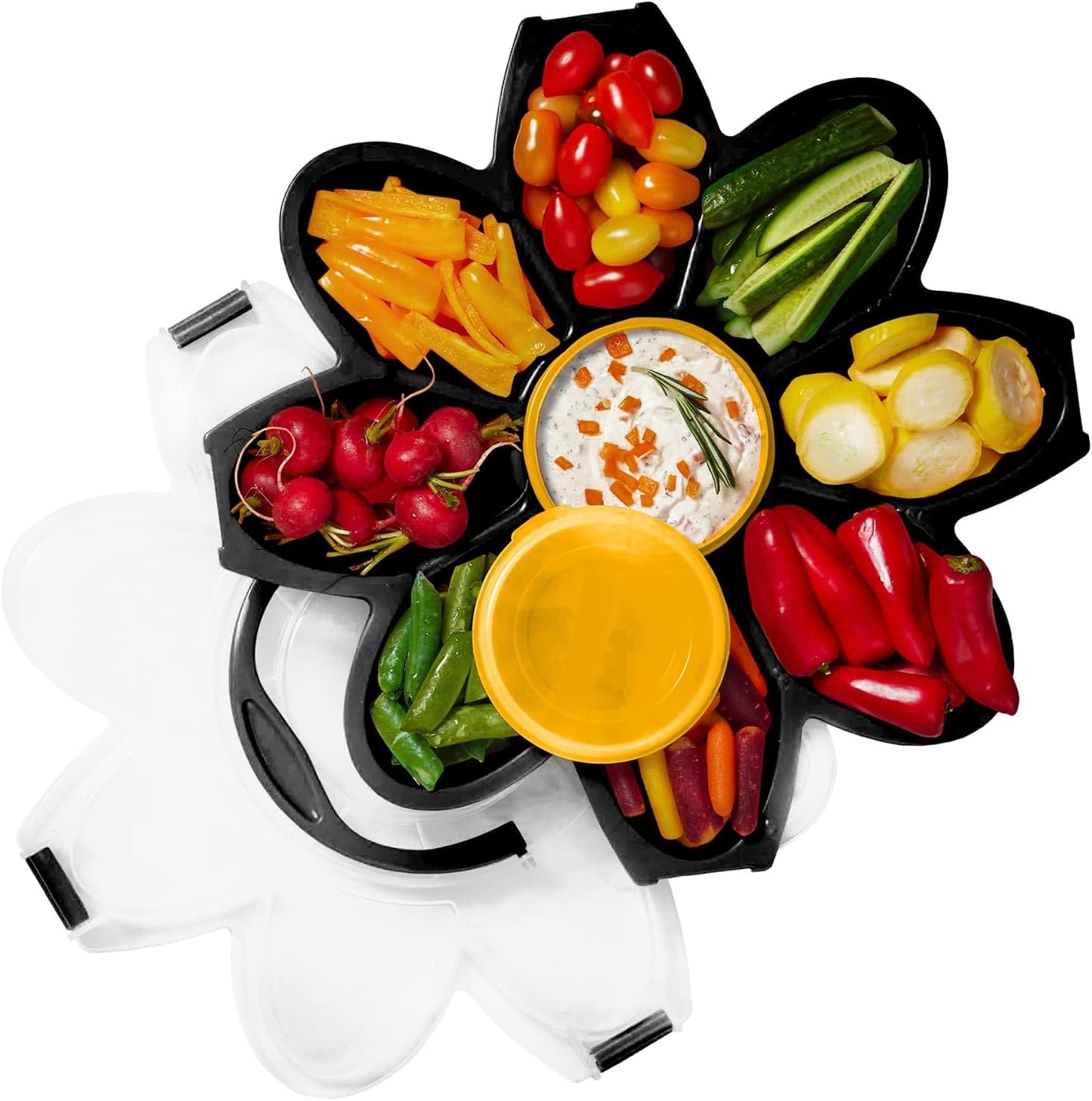 KOLORAE Flower Snack Serving Tray - 9 Compartment Party Platter with Dressing Cup for Chips and Dip, Fruits and Veggies - Game Day & Summer Entertaining Tray