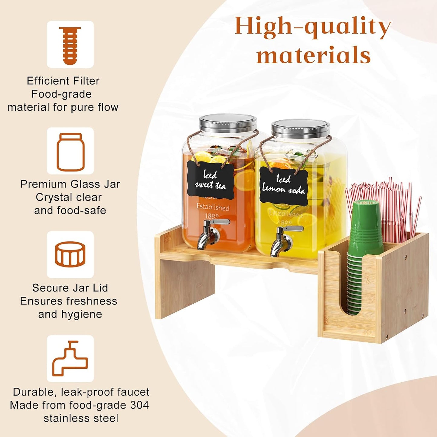 2-pack 1 Gallon Drink Dispenser,Glass Beverage Dispenser with Spigot,Lemonade dispenser Bamboo Stand for Outside, Glass Drink Dispensers for Parties with Ice Core