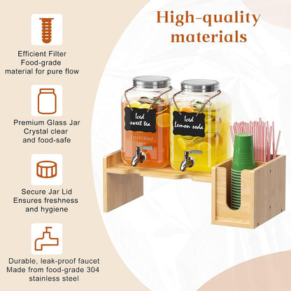 2-pack 1 Gallon Drink Dispenser,Glass Beverage Dispenser with Spigot,Lemonade dispenser Bamboo Stand for Outside, Glass Drink Dispensers for Parties with Ice Core