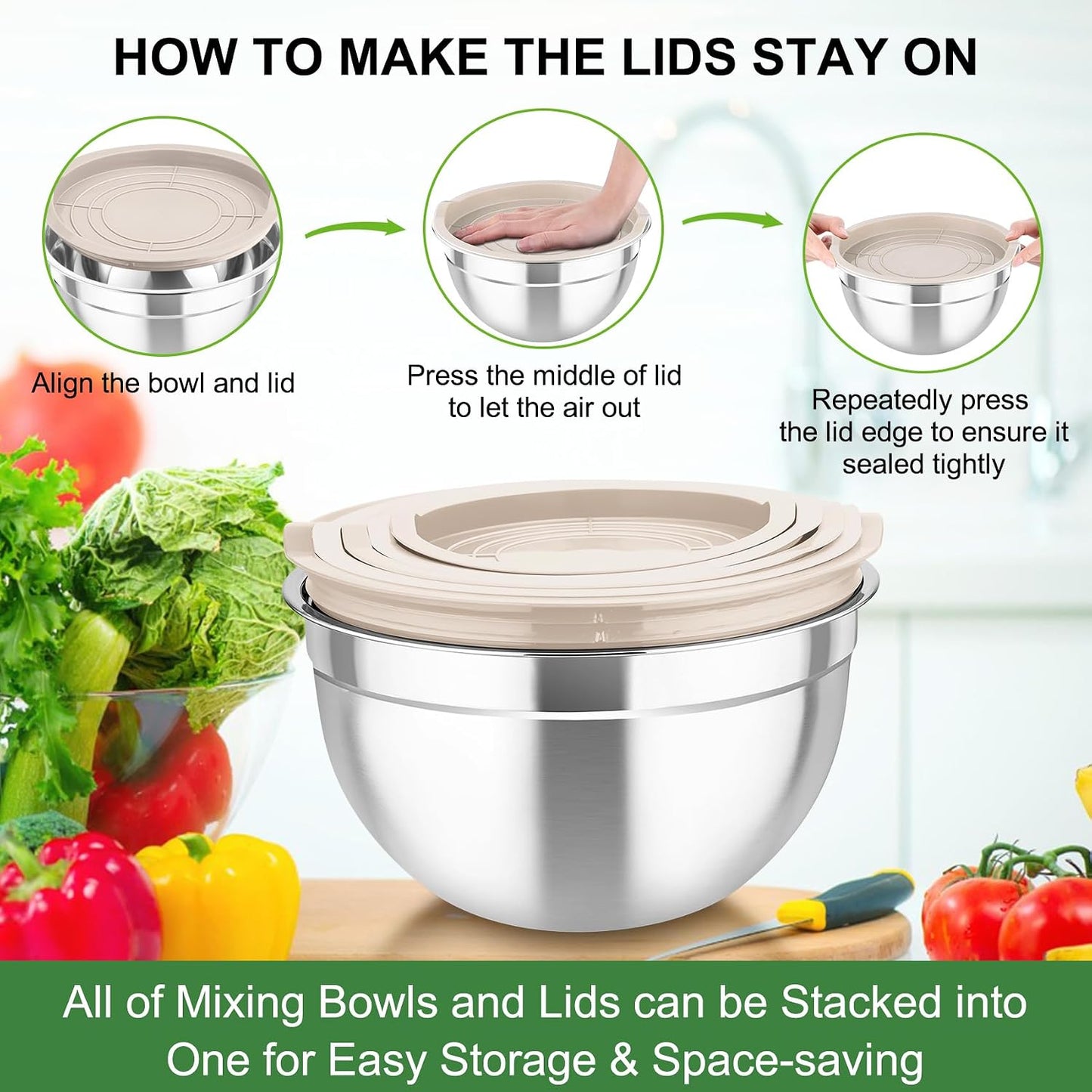 TeamFar Mixing Bowls with Airtight Lids, 5PCS Stainless Steel Metal Salad Bowl with 3 Grater Attachments, for Cooking, Prepping, Serving, Healthy & Easy Clean - 0.7/1/1.5/2.6/4.6QT, Black