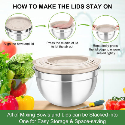 TeamFar Mixing Bowls with Airtight Lids, 5PCS Stainless Steel Metal Salad Bowl with 3 Grater Attachments, for Cooking, Prepping, Serving, Healthy & Easy Clean - 0.7/1/1.5/2.6/4.6QT, Black